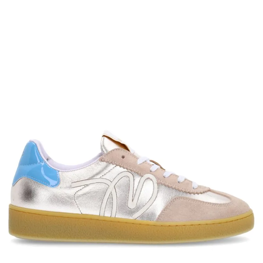 Manfield Beige leren sneakers met goudkleurige & blauwe details^DAMES Sneakers