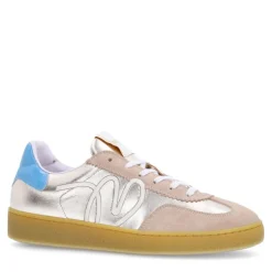 Manfield Beige leren sneakers met goudkleurige & blauwe details^DAMES Sneakers