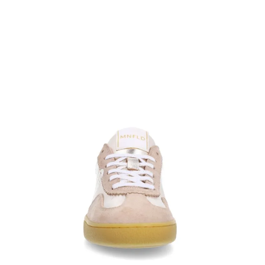 Manfield Beige leren sneakers met goudkleurige & blauwe details^DAMES Sneakers