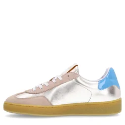 Manfield Beige leren sneakers met goudkleurige & blauwe details^DAMES Sneakers