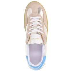 Manfield Beige leren sneakers met goudkleurige & blauwe details^DAMES Sneakers