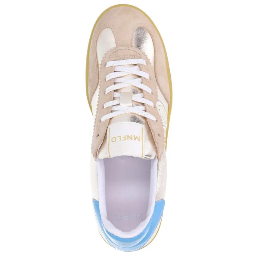 Manfield Beige leren sneakers met goudkleurige & blauwe details^DAMES Sneakers