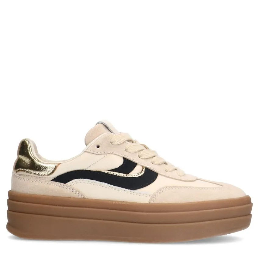 Manfield Beige leren sneakers met suède details^DAMES Sneakers