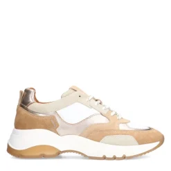 Manfield Beige leren sneakers met witte details^DAMES Sneakers