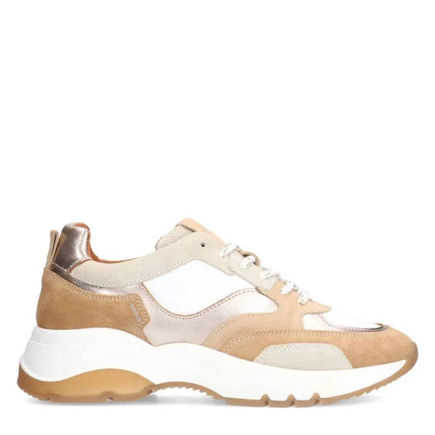 Manfield Beige leren sneakers met witte details^DAMES Sneakers