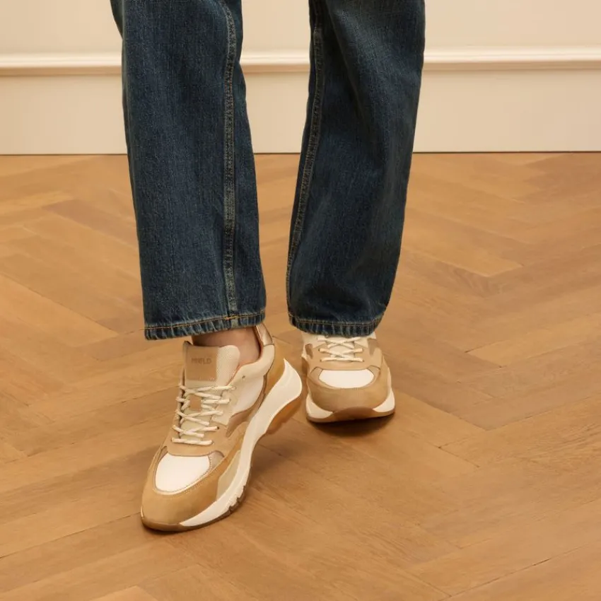 Manfield Beige leren sneakers met witte details^DAMES Sneakers