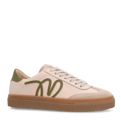 Manfield Beige leren sneakers met groene details^DAMES Sneakers
