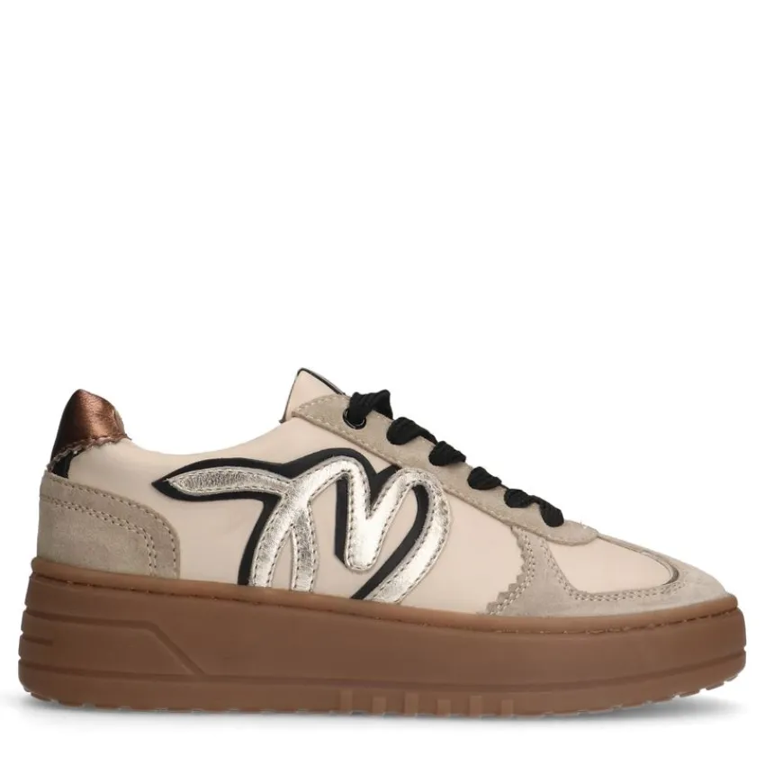 Manfield Beige leren sneakers met gouden details^DAMES Sneakers