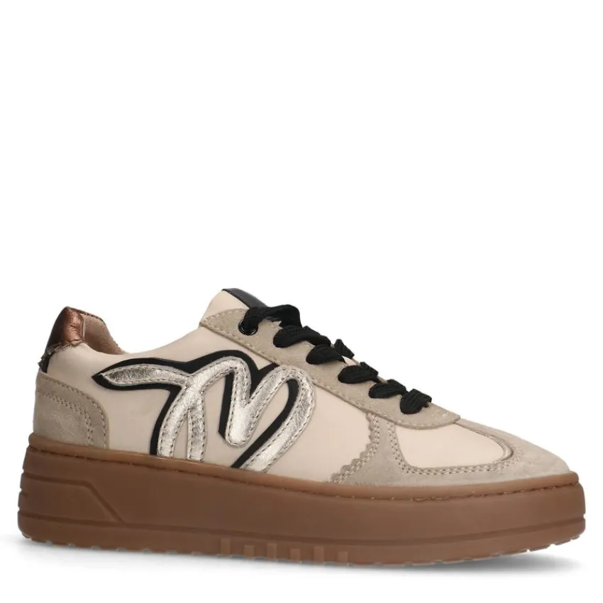 Manfield Beige leren sneakers met gouden details^DAMES Sneakers