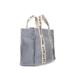 Manfield Beige navy gestreepte mini shopper^ Schoudertassen