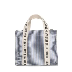 Manfield Beige navy gestreepte mini shopper^ Schoudertassen