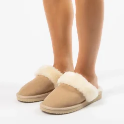 Beige pantoffels met wollen voering^DAMES Pantoffels