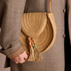 Manfield Beige raffia schoudertas^ Schoudertassen
