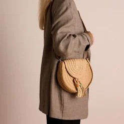 Manfield Beige raffia schoudertas^ Schoudertassen