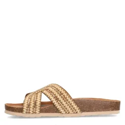 Manfield Beige raffia slippers met glittersteentjes^DAMES Slippers