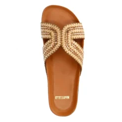 Manfield Beige raffia slippers met glittersteentjes^DAMES Slippers