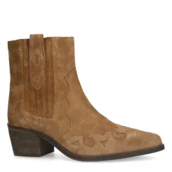 Manfield Beige suède cowboy laarzen^DAMES Enkellaarsjes