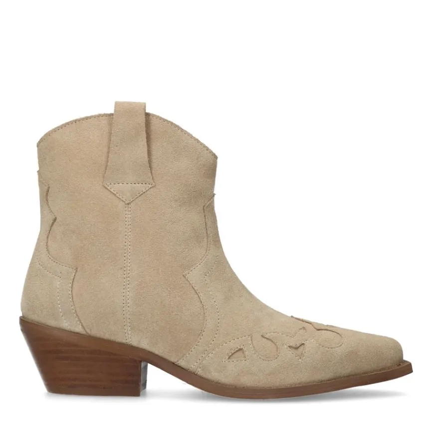 Manfield Beige suède cowboy laarzen^DAMES Enkellaarsjes