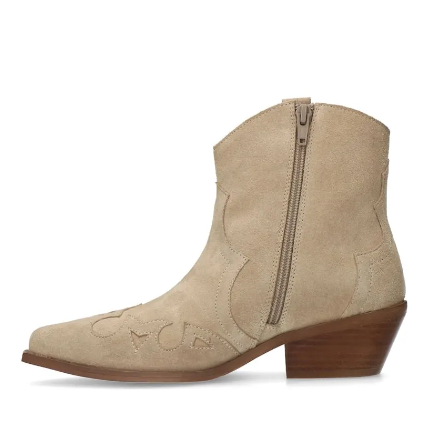 Manfield Beige suède cowboy laarzen^DAMES Enkellaarsjes
