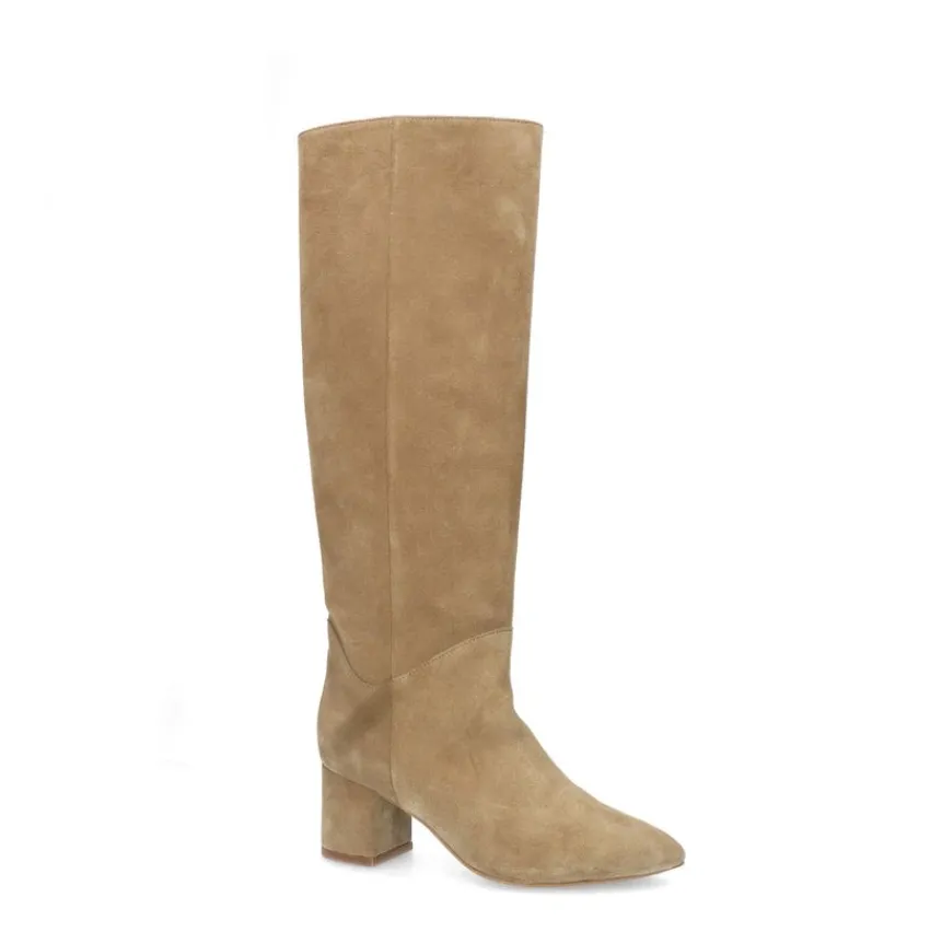 Manfield Beige suède hoge laarzen met hak^DAMES Laarzen