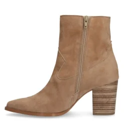 Manfield Beige suède laarsjes met blokhak^DAMES Enkellaarsjes