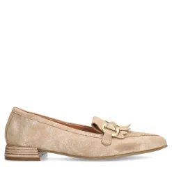 Manfield Beige suède loafers met glitter^DAMES Loafers