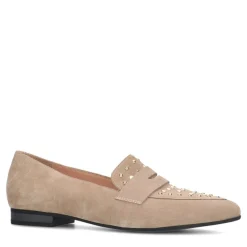 Manfield Beige suède loafers met goudkleurige studs^DAMES Loafers