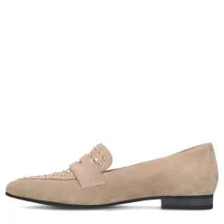 Manfield Beige suède loafers met goudkleurige studs^DAMES Loafers
