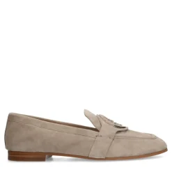 Manfield Beige suède loafers met goudkleurig detail^DAMES Loafers