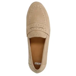 Manfield Beige suède loafers met goudkleurige studs^DAMES Loafers