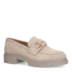 Manfield Beige suède loafers met goudkleurige details^DAMES Loafers