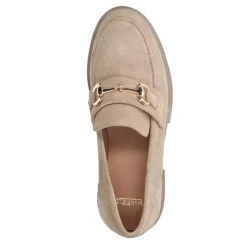Manfield Beige suède loafers met goudkleurige details^DAMES Loafers