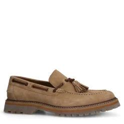 Manfield Beige suède loafers met kwastje^Heren Veterschoenen|Loafers