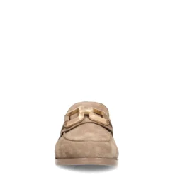 Manfield Beige suède loafers met vierkanten chain^DAMES Loafers