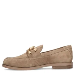 Manfield Beige suède loafers met vierkanten chain^DAMES Loafers