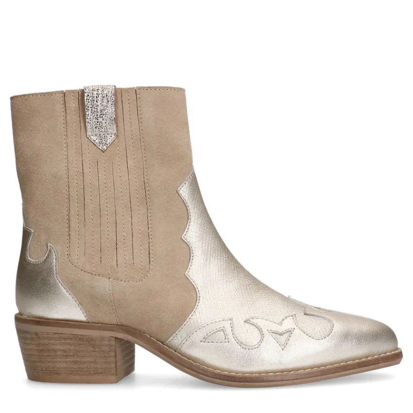 Manfield Beige suède metallic cowboy laarzen^DAMES Enkellaarsjes