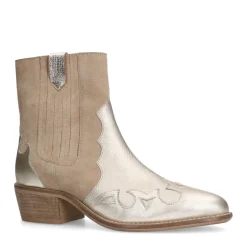 Manfield Beige suède metallic cowboy laarzen^DAMES Enkellaarsjes