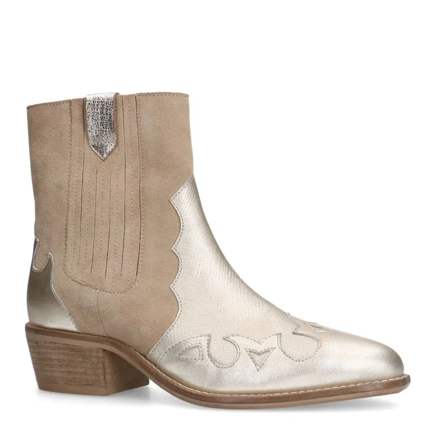 Manfield Beige suède metallic cowboy laarzen^DAMES Enkellaarsjes