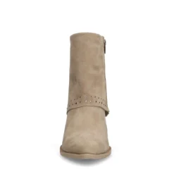 Manfield Beige suède overslaglaars met studs^DAMES Laarzen|Enkellaarsjes