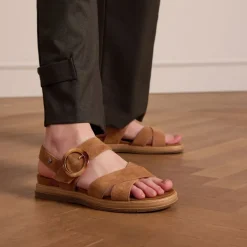 No Stress Beige suède plateau sandalen met gesp^DAMES Sandalen