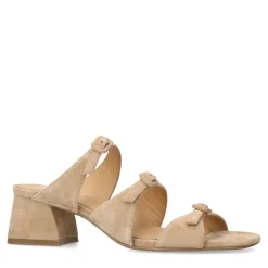 Manfield Beige suède sandalen met hak en gespjes^DAMES Sandalen
