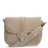 Manfield Beige suède schoudertas met gouden studs^ Schoudertassen