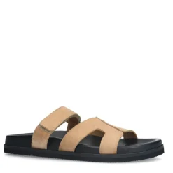 Manfield Beige suède slippers met bandje^DAMES Slippers