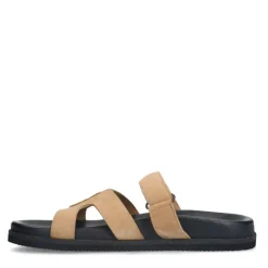 Manfield Beige suède slippers met bandje^DAMES Slippers