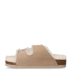 Manfield Beige suède slippers met bontvoering^DAMES Pantoffels