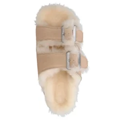 Manfield Beige suède slippers met bontvoering^DAMES Pantoffels