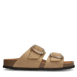 Manfield Beige suède slippers met gesp^DAMES Slippers