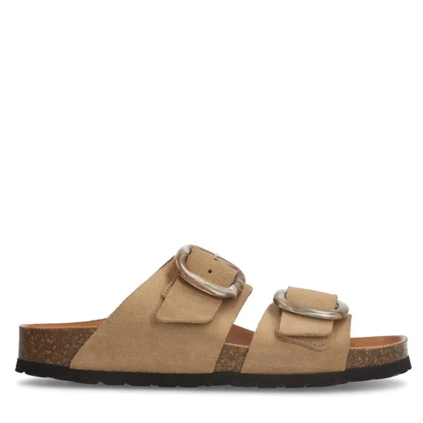 Manfield Beige suède slippers met gesp^DAMES Slippers