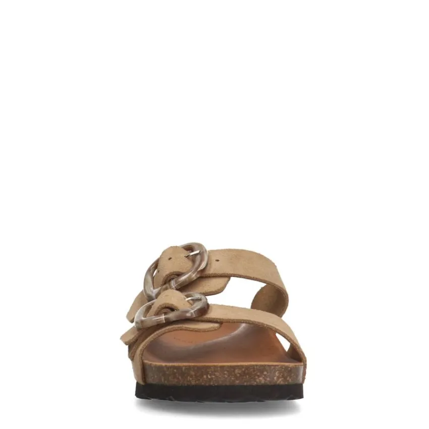 Manfield Beige suède slippers met gesp^DAMES Slippers