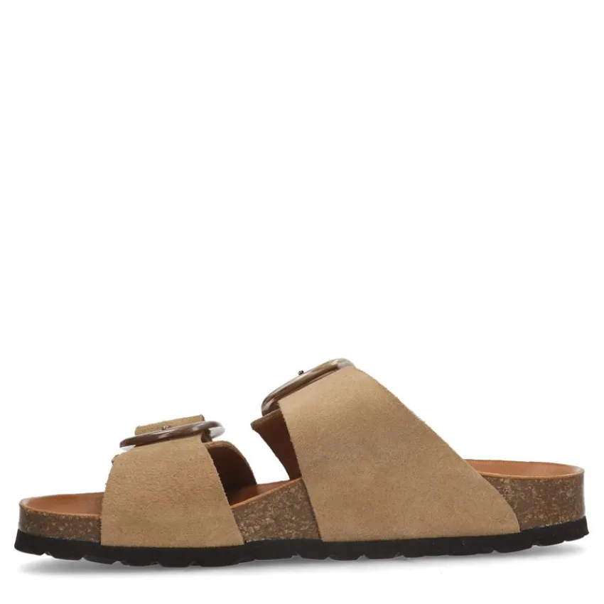 Manfield Beige suède slippers met gesp^DAMES Slippers